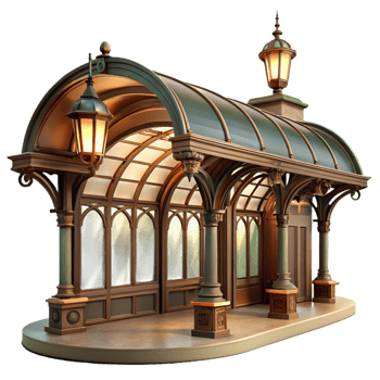 vibrant classic A sprawling Art Nouveau metro station, intricate ironwork, warm incandescent lighting, vintage style high quality png