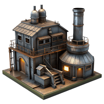 serene classic A decaying industrial factory, rusting metal, dim lighting, dystopian style 4K png