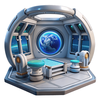 beautiful modern Space station interior, futuristic technology, zero gravity, panoramic view of Earth, cinematic render detailed png