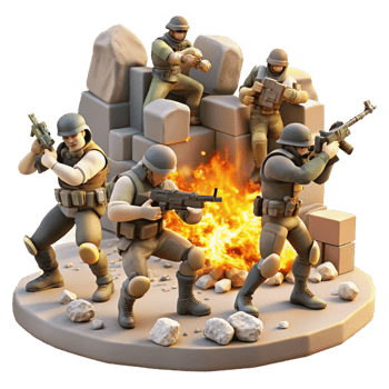 elegant traditional A group of rebels fighting against heavily armed soldiers in a ruined marketplace, dynamic and action-packed, illuminated by explosions and muzzle flashes, 4K png