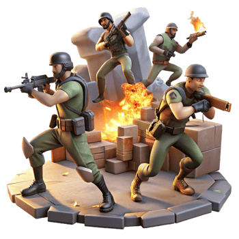 serene traditional A group of rebels fighting against heavily armed soldiers in a ruined marketplace, dynamic and action-packed, illuminated by explosions and muzzle flashes, professional png
