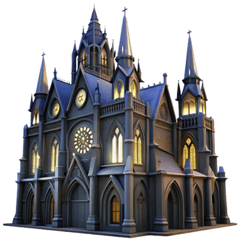impressive abstract A towering Gothic cathedral, stained glass windows illuminated by moonlight, dramatic lighting, dark fantasy style authentic png