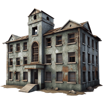 magnificent artistic A decrepit, abandoned asylum with broken windows and peeling paint. Overcast daylight, desaturated colors. Psychological horror, urban decay style 4K png