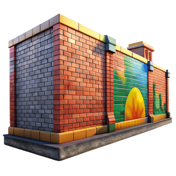 vibrant vintage Graffiti-covered brick wall in a deserted industrial district, vibrant colors, harsh midday sun, street photography style detailed png