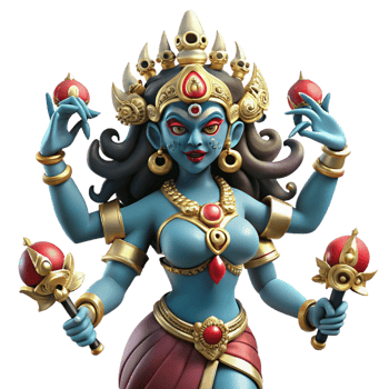 beautiful modern A fierce Hindu goddess Kali, with multiple arms wielding weapons, adorned with skulls, dancing on a prostrate demon. Vibrant, intricate style original png