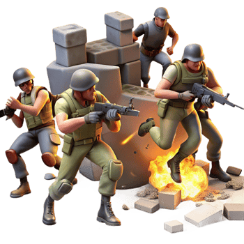 magnificent abstract A group of rebels fighting against heavily armed soldiers in a ruined marketplace, dynamic and action-packed, illuminated by explosions and muzzle flashes, high quality png
