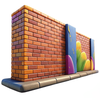impressive contemporary Graffiti-covered brick wall in a deserted industrial district, vibrant colors, harsh midday sun, street photography style premium png