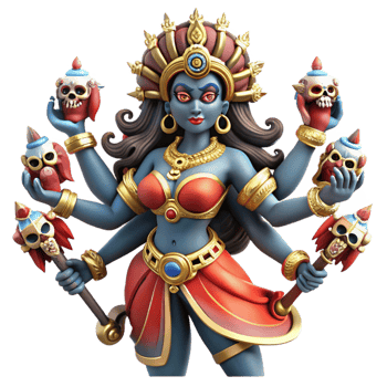 serene classic A fierce Hindu goddess Kali, with multiple arms wielding weapons, adorned with skulls, dancing on a prostrate demon. Vibrant, intricate style detailed png