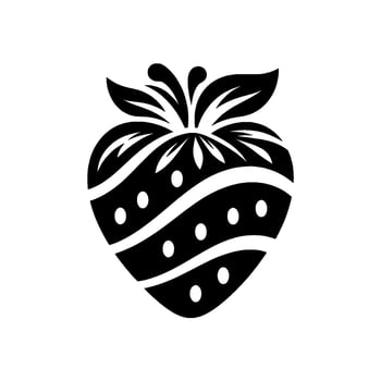 Bold black and white strawberry silhouette with decorative striped body, leafy stem, and seed accents on a white background. vector