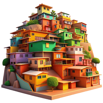 magnificent modern A vibrant, colorful favela built into a hillside, warm sunlight, vibrant style, painterly style 4K png