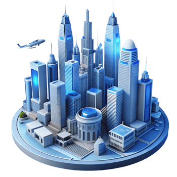 extraordinary contemporary A futuristic cityscape with towering skyscrapers and flying vehicles, but devoid of human life, sterile and eerie, cool blue lighting genuine png