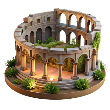 elegant abstract A crumbling ancient Roman amphitheater, overgrown with vegetation, golden hour light, historical style professional png