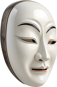 Historical Japanese Noh masks depicted in detailed clipart. . png