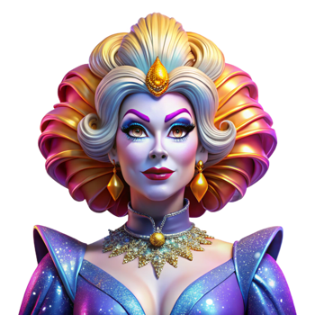 extraordinary classic Portrait of a vibrant drag queen with elaborate makeup and costume, illuminated by stage lighting, in a glamorous style high resolution png