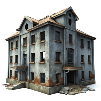 dramatic rustic A decrepit, abandoned asylum with broken windows and peeling paint. Overcast daylight, desaturated colors. Psychological horror, urban decay style detailed png