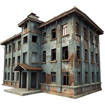 dramatic artistic A decrepit, abandoned asylum with broken windows and peeling paint. Overcast daylight, desaturated colors. Psychological horror, urban decay style 4K png
