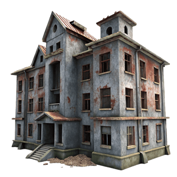 magnificent rustic A decrepit, abandoned asylum with broken windows and peeling paint. Overcast daylight, desaturated colors. Psychological horror, urban decay style high resolution png