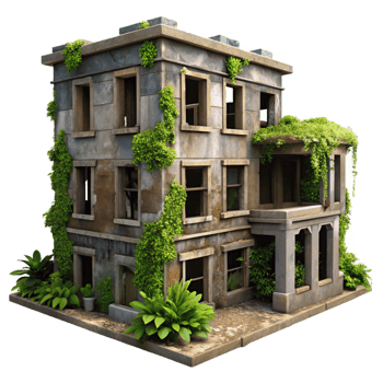 wonderful classic A decaying building with broken windows and overgrown vines, overcast sky, melancholic style genuine png