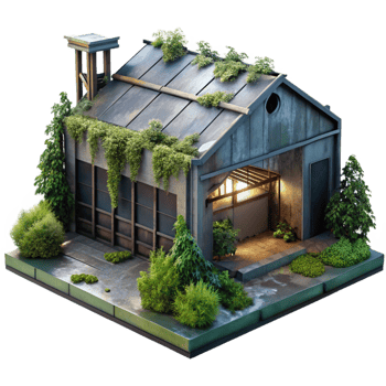 elegant abstract Abandoned warehouse in a post-apocalyptic city, overgrown with vegetation, muted colors, eerie lighting 4K png