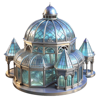 elegant artistic Crystal palace, intricate glass and metal structure, shimmering light, magical atmosphere, digital art original png