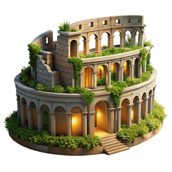 magnificent classic A crumbling ancient Roman amphitheater, overgrown with vegetation, golden hour light, historical style high quality png