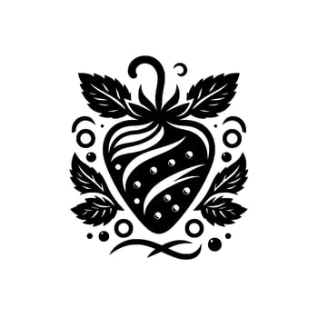 Stylized black and white strawberry with leaves and decorative elements, creating a symmetrical illustration vector