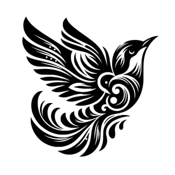 Elegant black and white bird tattoo design, decorative feathered wings, symbolic ornament, flying with artistic swirls on a plain background. vector