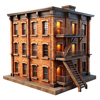 elegant abstract Old Brick Building with Fire Escapes Weathe original png