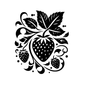 Intricate black white strawberry motif elegant floral with berries, leaves, and curlicues on a white background. vector