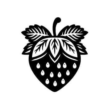 Silhouette of a stylized strawberry, intricately detailed with leaves, seeds, and a classic black and white minimalist design. vector