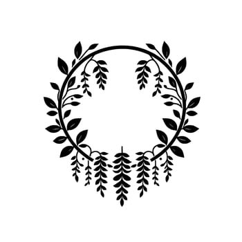 Circular minimalist foliage frame in black and white, featuring leaves, vines, and a decorative wreath on a white backdrop. vector