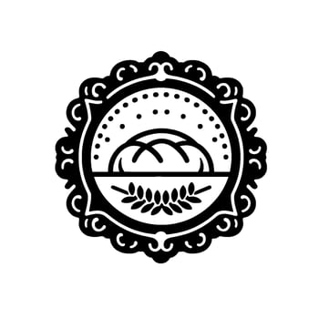 Ornate, black and white bakery emblem bread loaves above wheat, decorative flourishes, vintage, framed design. vector