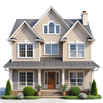 Attractive Two Story Beige House with Gray Roof and Large Front Porch png