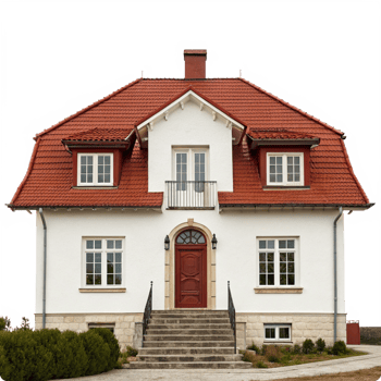 Beautiful Suburban House with Red Tile Roof and Stone Accents png