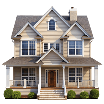 Beautiful Two Story Beige House with Wrap Around Porch and Landscaping png