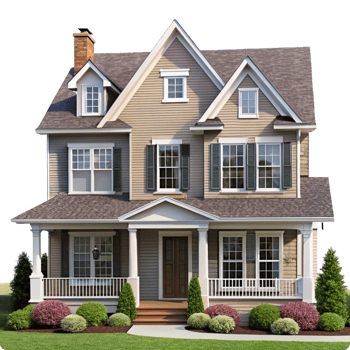 Beautiful Two Story Suburban House with Front Porch and Landscaping png