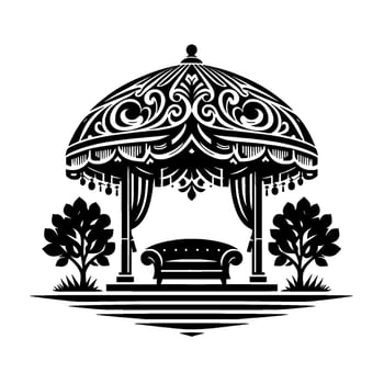 Ornate black and white gazebo with detailed dome, curtains, sofa, and stylized trees on a platform, evoking elegance. vector
