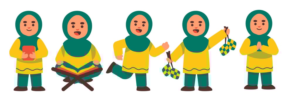 Cartoon muslim girl character set in various poses for festive moments vector