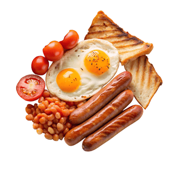 Delicious English Breakfast with Fried Eggs Sausages Toast and Baked Beans isolated on transparent background png