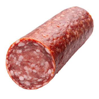 A Detailed Closeup of a Single Slice of Delicious Smoked Salami Sausage isolated on transparent background png
