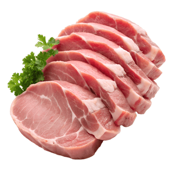 Closeup of several slices of raw pork loin meat garnished with fresh parsley isolated on transparent background png