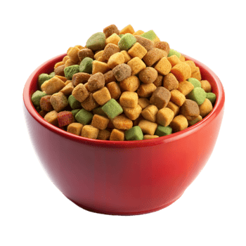 A red bowl filled with a delicious assortment of colorful squareshaped pet food kibble isolated on transparent background png