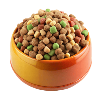 A Bowl of Colorful Dry Pet Food Kibble for Dogs or Cats isolated on transparent background png
