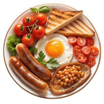 Delicious and Hearty Full English Breakfast Plate with Toasted Bread Sausages Fried Egg and Baked Beans isolated on transparent background png