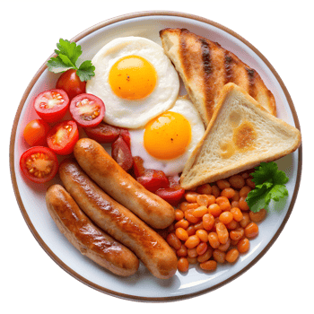 Delicious and Hearty Full English Breakfast Plate with Fried Eggs Sausages Toast Beans and Tomatoes isolated on transparent background png