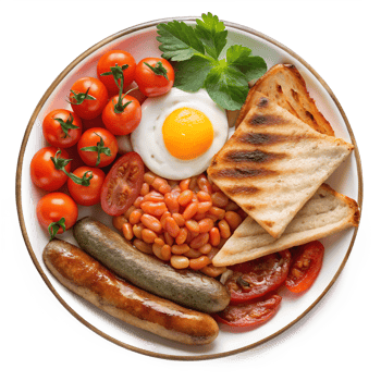 Delicious English Breakfast Plate with Grilled Toast Sausages Baked Beans and Fried Egg isolated on transparent background png