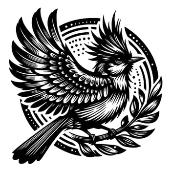 Majestic crested bird perched on branch, intricate black and white illustration within a circular emblem. vector