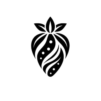 Elegant black and white minimalist illustration of a strawberry with ornate swirls and leaf crown, on white background. vector