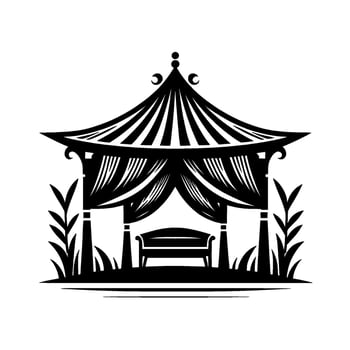 Elegant black and white illustration oriental pagoda with a bench, lush foliage, and a crescent moon design, serene garden scene vector
