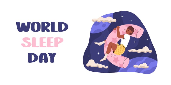 World sleep day. Young woman falls asleep on orthopedic body pillow. Girl hugs pillow and sleeps sweetly. Person naps among clouds, stars and planets in space. Healthy sleep, dreams. vector